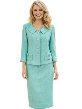 Le Suit Vintage Turquoise Green Unique Pleated Tweed Pencil Skirt Suit Size 8p/8